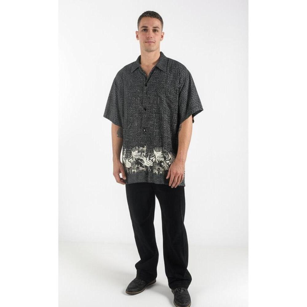 VTG Mens L Black Hawaiian Shirt Tiki Palm Fronds‎ Resort Wear